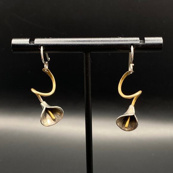 Vtg 925 Sterling Silver Gold Plate Calla Lily Flower Dangle Handmade Earrings - Picture 1 of 8